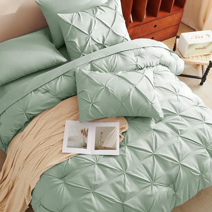 CozyLux Queen Comforter Set Sage Green, 7 Pieces Pintuck Bed in A Bag, Premium - Image 4