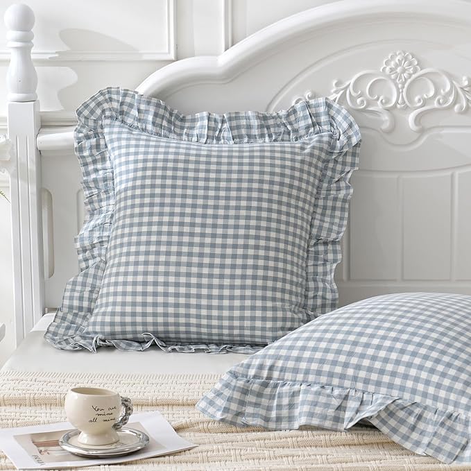 Blue White Plaid Euro Pillow Shams Ruffle Pillowcases Set of 2, Shabby - Image 2