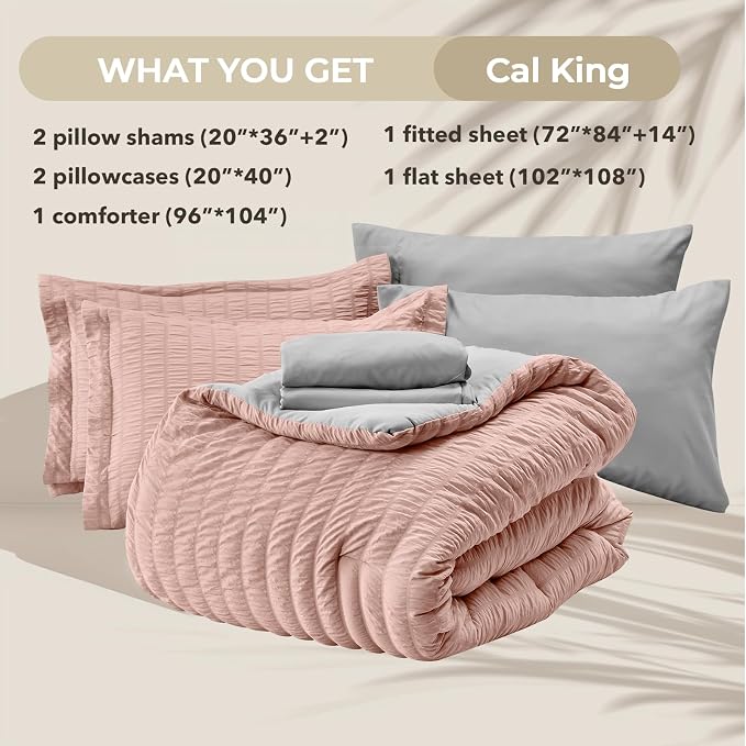 HYMOKEGE Rose Gold/Light Grey California King Comforter Set Seersucker 7 Pieces - Image 6