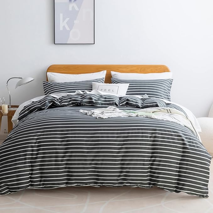 JELLYMONI 100% Natural Cotton 3pcs Striped Duvet Cover Sets, Dark Grey by JELLYMONI