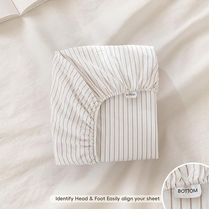 MooMee Stripes Fitted Bottom Sheet Only 100% Washed Cotton Linen Like Textured - Image 2