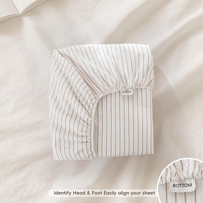 MooMee Stripes Fitted Bottom Sheet Only 100% Washed Cotton Linen Like Textured - Image 2