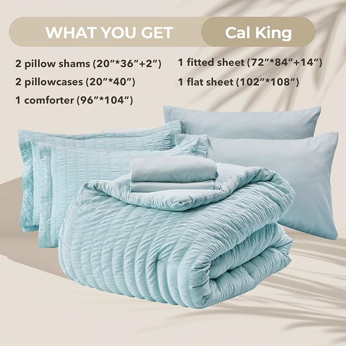 HYMOKEGE Lake Blue California King Comforter Set Seersucker 7 Pieces, All - Image 5