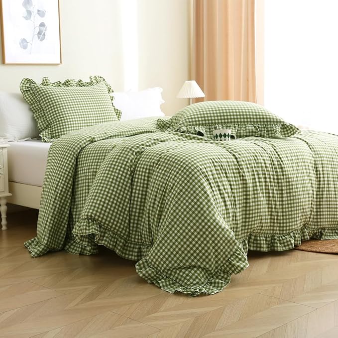 Silnuo Olive Green/White Checkered Ruffle 3-Piece Duvet Cover Set Twin Size - Image 2