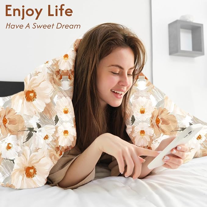 LONAVA Queen Flower 3 Pcs Duvet Cover Set, Breathable Soft Microfiber Biege - Image 4