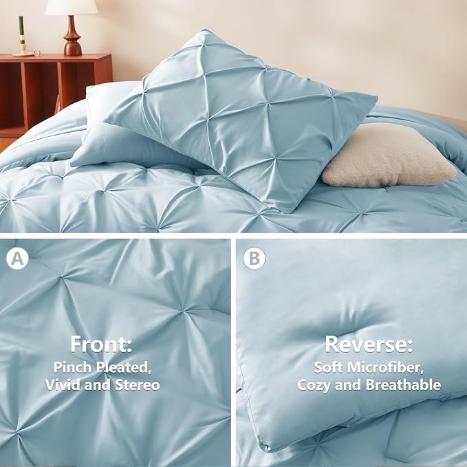 HIMEET Pintuck Bed in a Bag, 7 Pieces Full Size Comforter Set Light Blue - Image 3