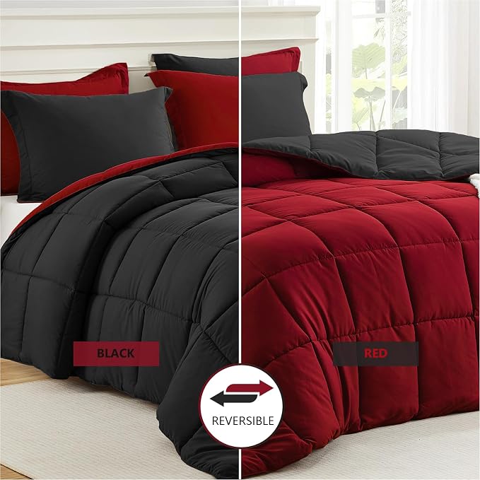 Homelike Moment King Size Comforter Set Black, Lightweight Reversible Red - Image 2