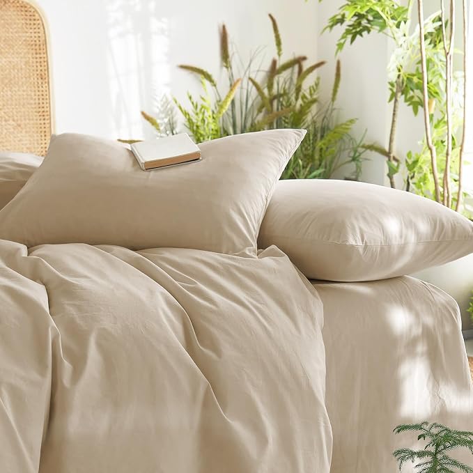 Wake In Cloud - Cotton Duvet Cover Set, Twin Size, Khaki Linen Color, 100% - Image 6