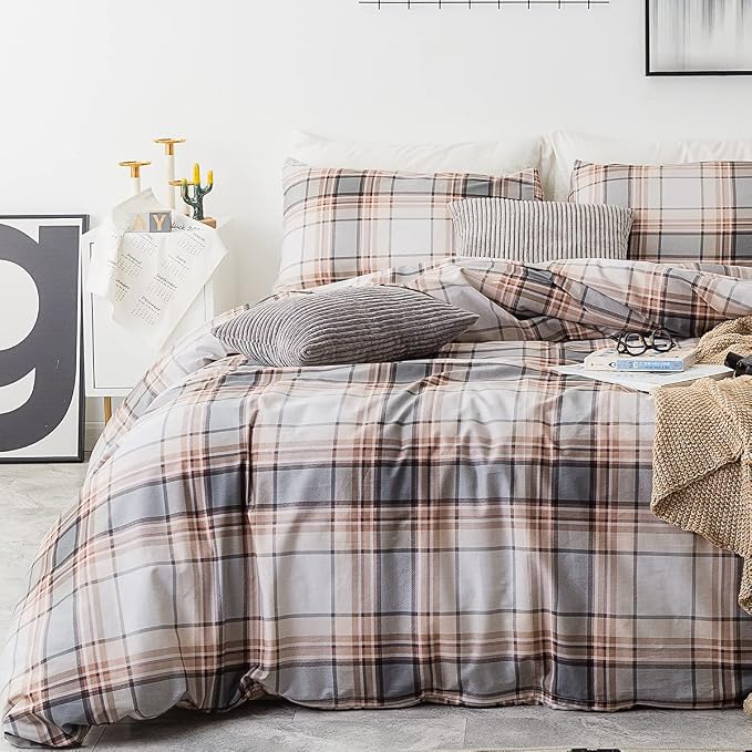 SUSYBAO Brown Tartan Duvet Covr King 100% Cotton 3 Pcs Set 1 Khaki Buffalo - Image 2
