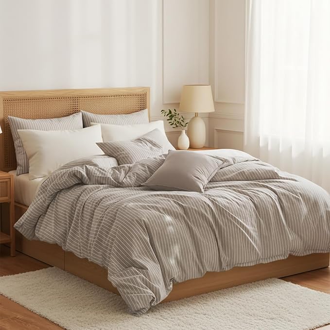 Nayoroom Brown Striped Duvet Cover Queen Size 100% Washed Cotton White - Image 5