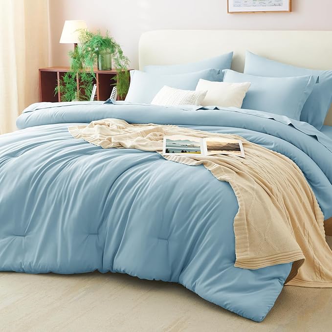 CozyLux Queen Comforter Set Light Blue, 7 Pieces Bed in a Bag Queen Comforter by CozyLux