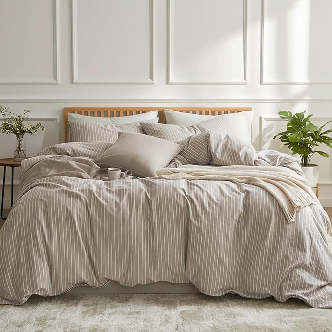 Nayoroom Brown Striped Duvet Cover Queen Size 100% Washed Cotton White by Nayoroom