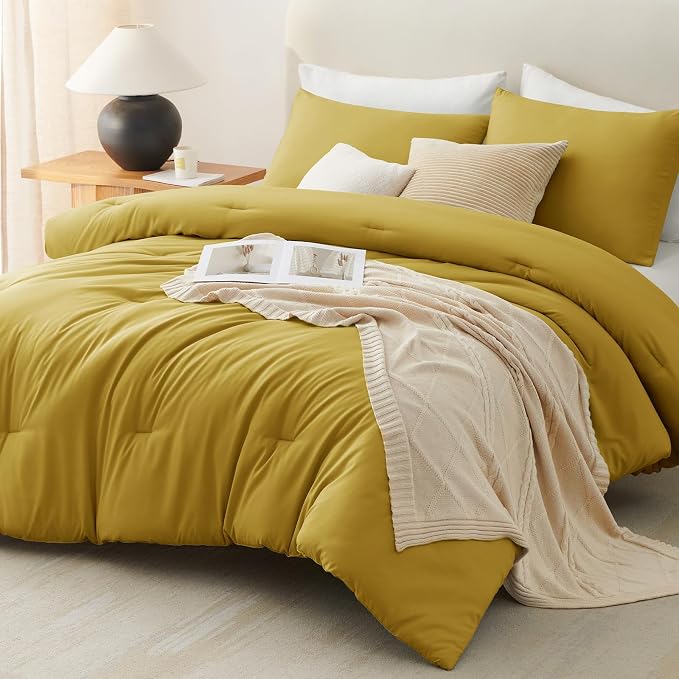 CozyLux Full Size Comforter Set Mustard Yellow, 3 Pieces Solid Breathable - Image 9
