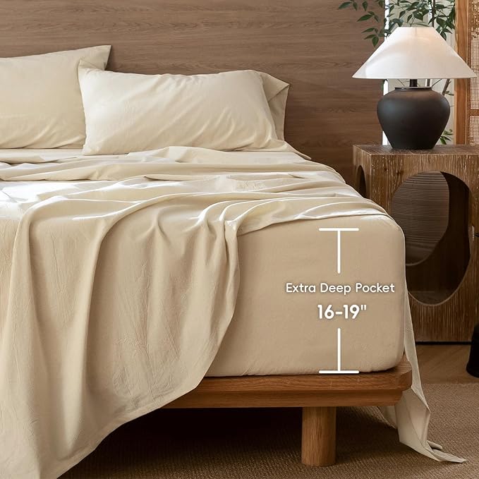 MooMee Fitted Bottom Sheet Only 100% Washed Cotton Linen Like Textured - Image 2