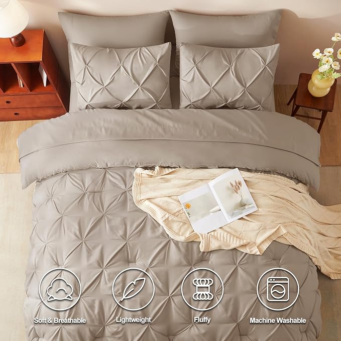 CozyLux Full Size Comforter Sets Khaki, 7 Pieces Pintuck Bed in A Bag Khaki - Image 2