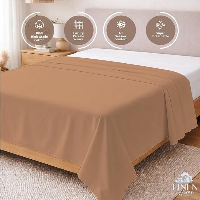 Linen Home 100% Cotton Percale 1 Flat Sheet, Queen Size - Image 3