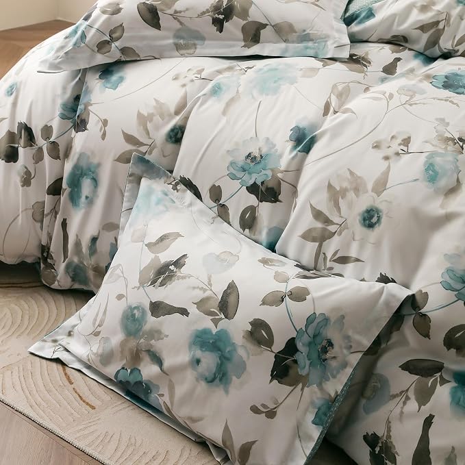 OAITE Duvet Cover King Size, Reversible Green Ink wash Flower White Duvet Cover - Image 4