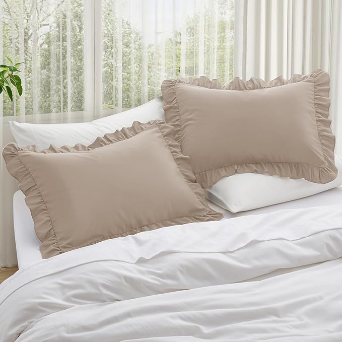 KKJIAF Ruffle Pillow Cases Queen Size Set of 2, Khaki Ruffled Pillow Covers - Image 2