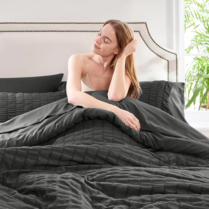 CozyLux Oversized Queen Comforter Set Dark Grey Seersucker 7 Pieces 98x98 Bed - Image 8
