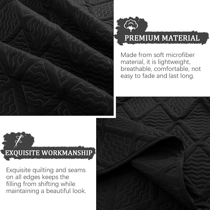 Yiran Black Quilt Set King Size Bedding Set Fall Bedspreads Embossed Diamond - Image 7