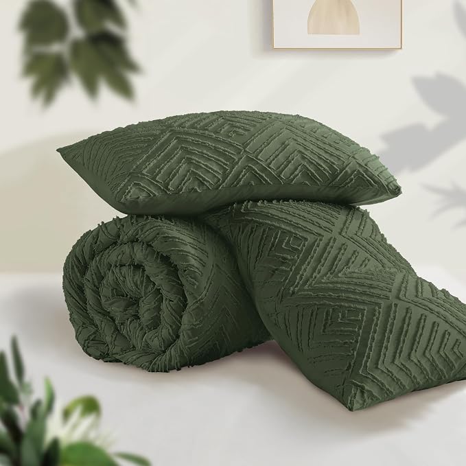 Andency Dark Olive Green Comforter Set King Size, 3 Pieces Boho Men Bedding Set - Image 3