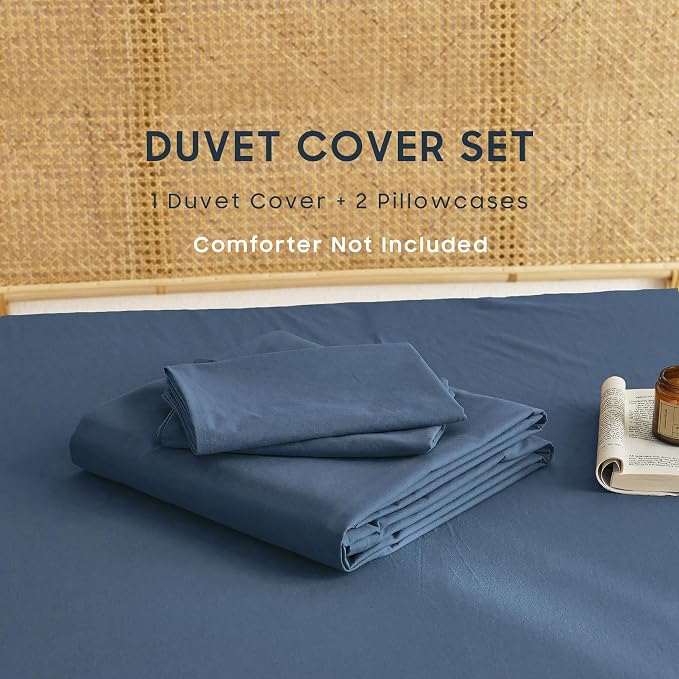 Wake In Cloud - Cotton Duvet Cover Set, Full Size, Dark Navy Blue, 100% Washed - Image 2