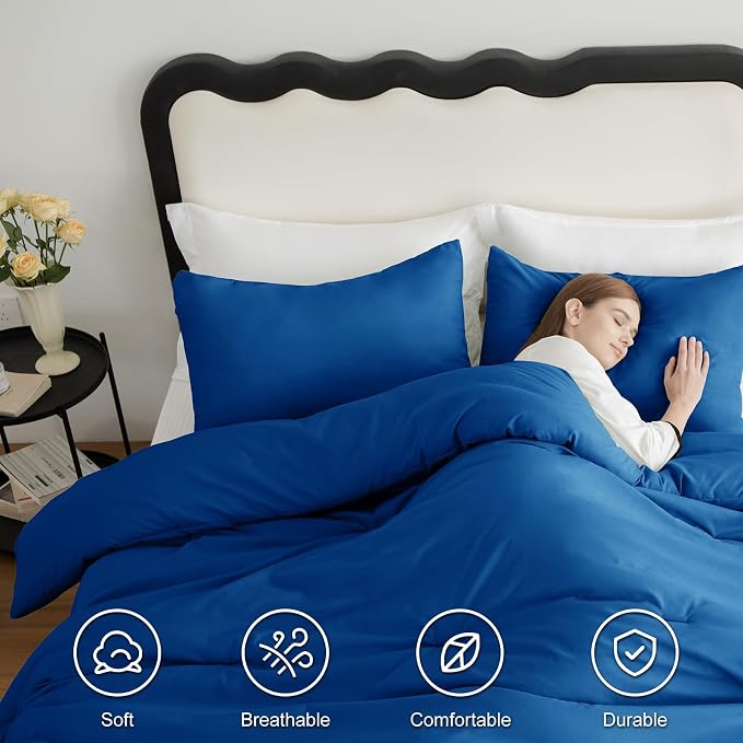 CozyLux Full Size Comforter Set Classic Blue, 3 Pieces Solid Breathable Quilted - Image 5