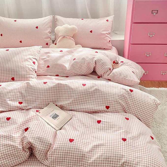 Nayoroom Gingham Duvet Cover Full Size Pink Plaid Red Heart Printed on White - Image 6