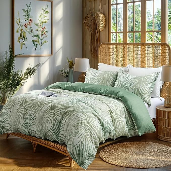 OAITE Duvet Cover Queen Size, Reversible Leaf Green Duvet Cover Set - Image 2