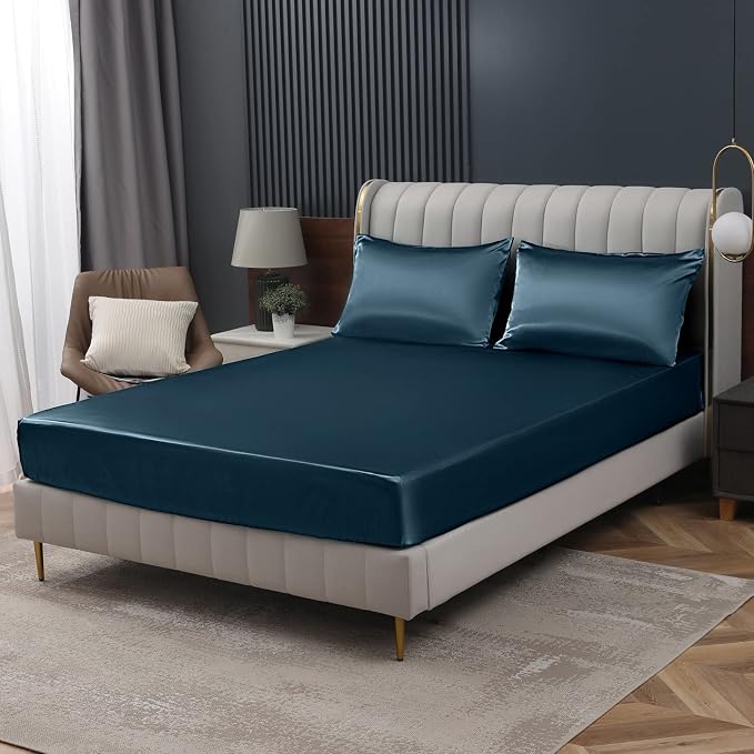 Homiest Deep Sea Blue Satin Fitted Sheet King Size, Deep Pocket, Luxury & Ultra by Homiest