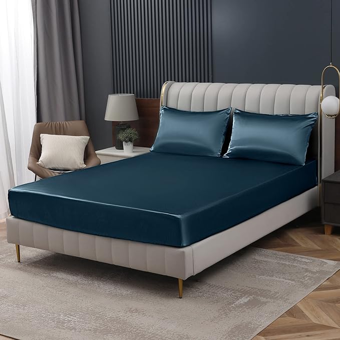 Homiest Deep Sea Blue Satin Fitted Sheet Queen Size, Deep Pocket, Luxury & by Homiest