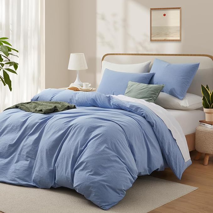 LOVQUE Light Blue Cotton Duvet Cover Queen Size, Linen Like Natural Bedding Set - Image 2