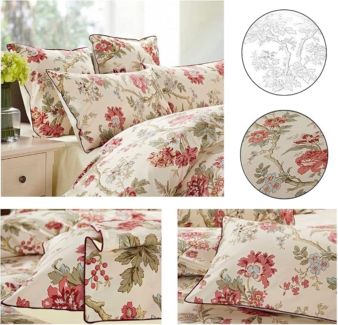 mixinni Red Floral Duvet Cover Queen Green Leaves Pattern Bedding Duvet Cover - Image 7