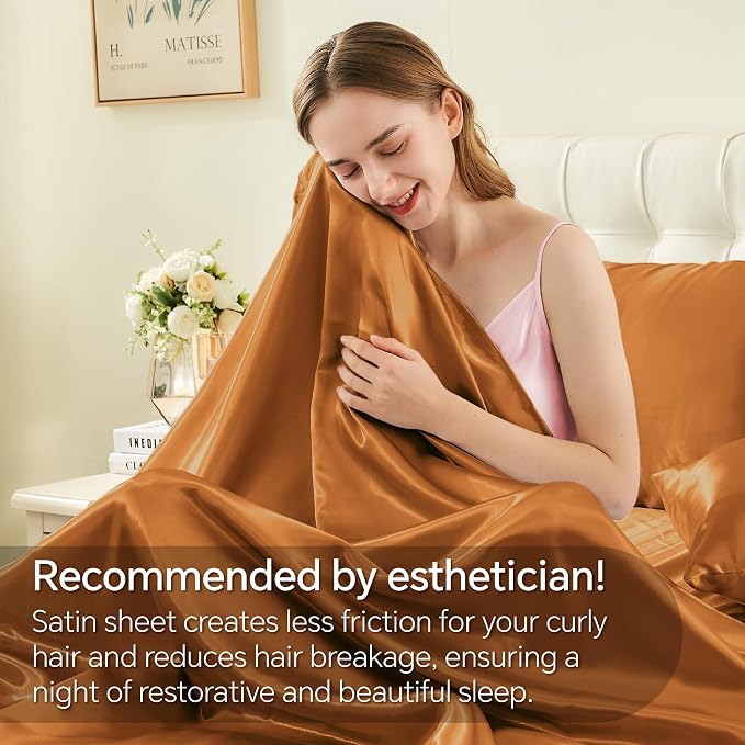 BEDELITE Satin Sheets Queen Size Bed Set, Luxury Soft Burnt Orange Silky Sheets - Image 4