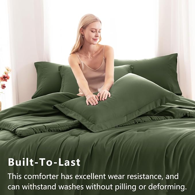 CozyLux Oversized King Comforter Set Olive Green, 7 Pieces Bed in a Bag - Image 3