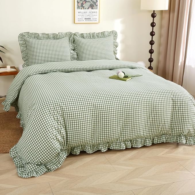 Silnuo Sage Green/White Plaid Ruffle Duvet Cover Queen Size, 100% Washed Cotton - Image 2