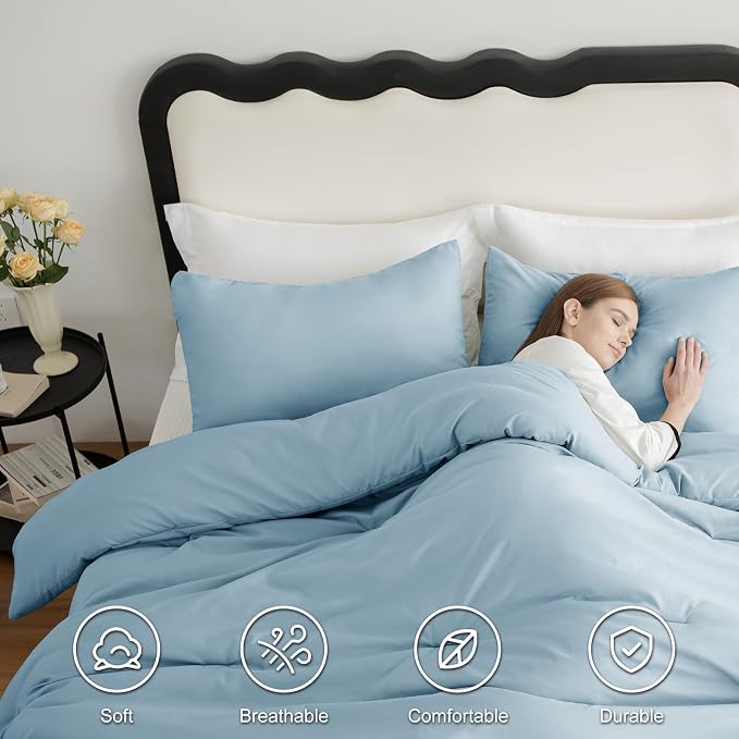 CozyLux Queen Comforter Set Light Blue, 3 Pieces Solid Comforters Queen Size - Image 5