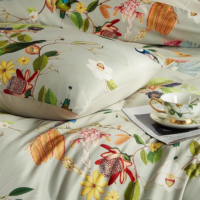 mixinni Garden Style Floral Birds 3 Pieces Duvet Cover King Size Green Leaves - Image 5