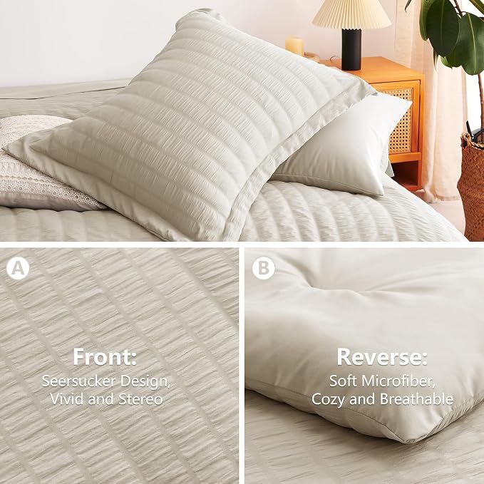CozyLux Queen Comforter Set Oatmeal Seersucker 7 Pieces Bed in a Bag Queen - Image 4