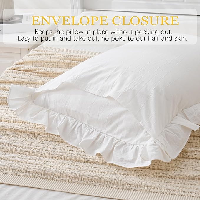 Shabby Off White Ruffle Pillow Shams Standard Size Set of 2, Washed Cotton - Image 4