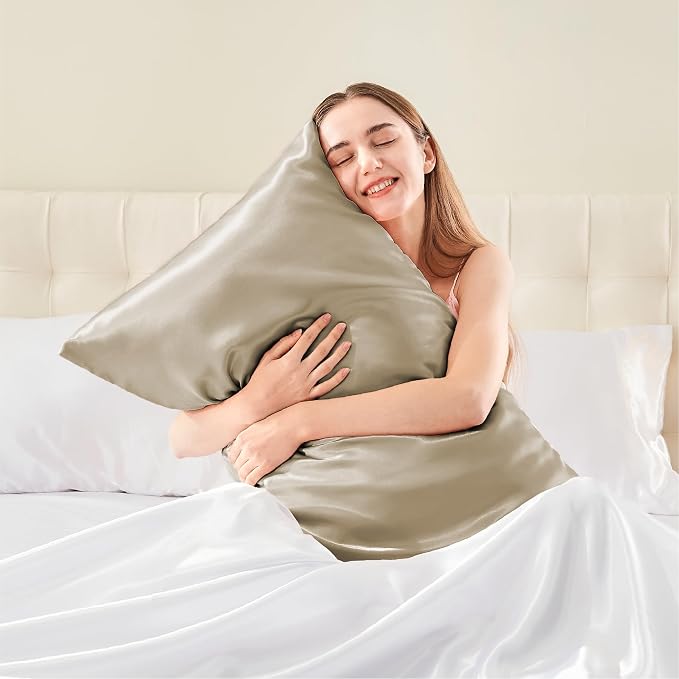 BEDELITE Satin Pillowcase with Zipper, Taupe Pillow Cases Queen Size Set of 2 - Image 2