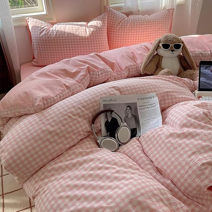 Nayoroom Gingham Duvet Cover Full Size Reversible Pink Plaid Checkered Duvet by Nayoroom