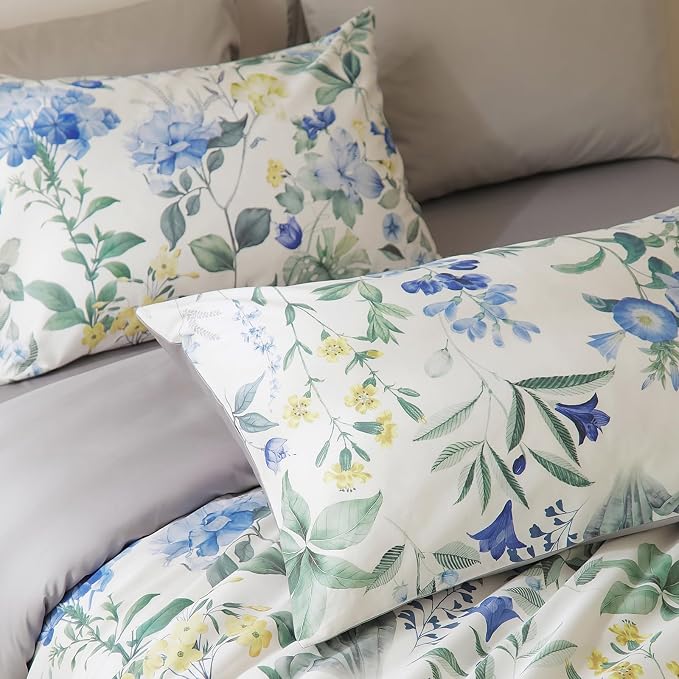 mixinni Reversible Floral Duvet Cover Set Queen Size, 3 Piece Blue Green - Image 6