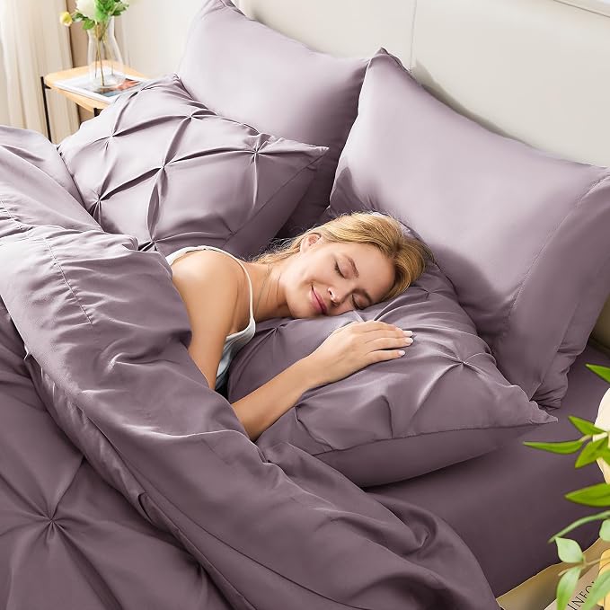 HIMEET Pintuck Bed in a Bag, 7 Pieces King Size Comforter Set Dusty Purple - Image 7