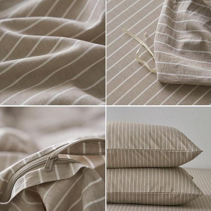 Nayoroom Brown Striped Duvet Cover Queen Size 100% Washed Cotton White - Image 6