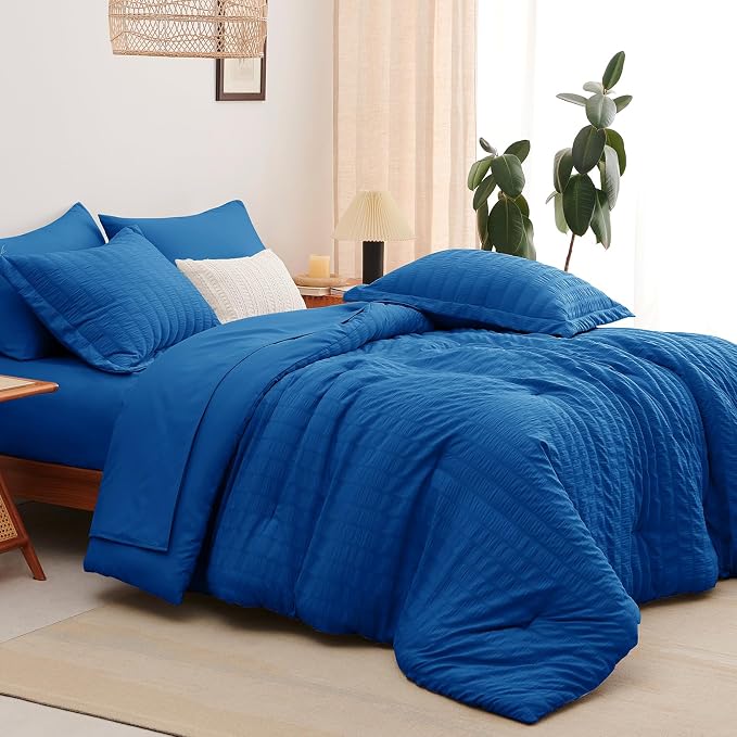 CozyLux King Size Comforter Set Classic Blue Seersucker 7 Pieces Bed in a Bag - Image 8