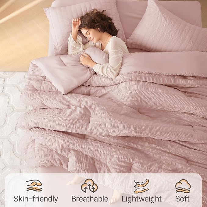 MUXHOMO 7 Pieces Queen Comforter Set, Seersucker Bed in a Bag Queen Size - Image 2