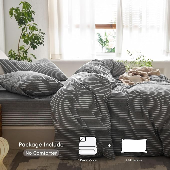 MooMee Striped Duvet Cover Set 100% Washed Cotton Linen Like Textured - Image 2