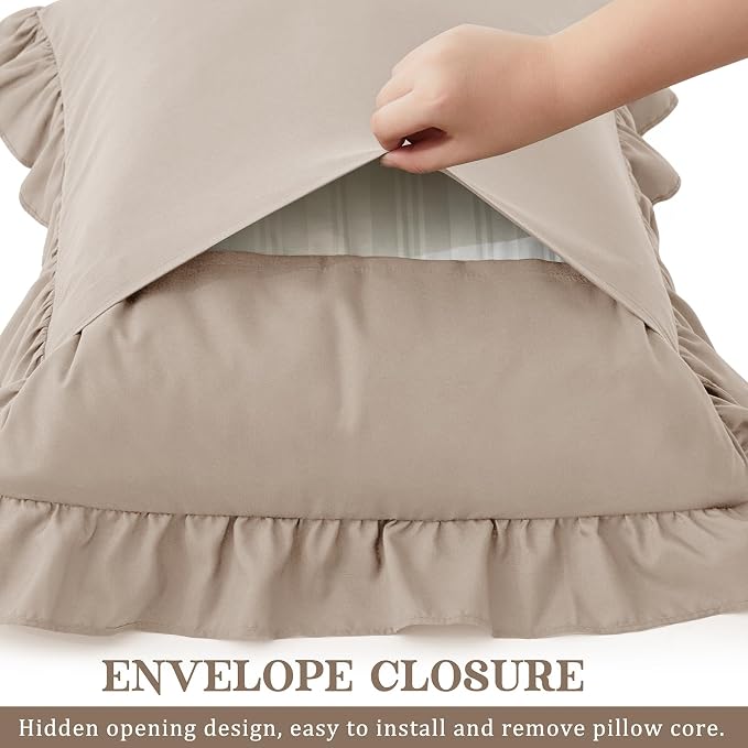KKJIAF Ruffle Pillow Cases Queen Size Set of 2, Khaki Ruffled Pillow Covers - Image 5