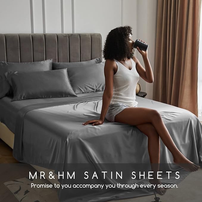 MR&HM Satin Bed Sheets, Twin Size Sheets Set - Image 6